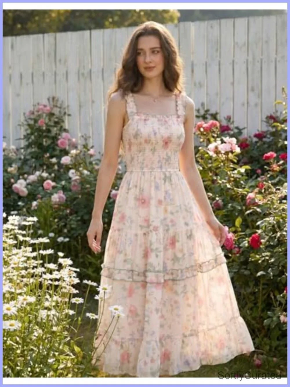 Boho Floral Smocked Square Neck Maxi Dress Sleeveless Tiered Ruffle Sundress